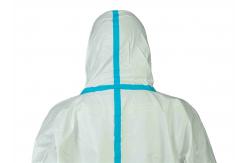 China Category III Type4/5/6 Disposable MP Waterproof Coverall With 2-Pieces Hood And Blue Tape supplier
