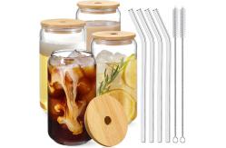 China Drinking Glasses With Bamboo Lids And Glass Straw 16oz Glass Can Shaped Cup supplier