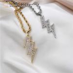 Diamond Zircon Lightning Bolt Necklace , Twist Stainless Steel Necklace Hip Hop Jewelry for sale