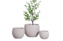 China neutral beige round fiber clay planter with irregular wavy lines pattern lightweight durable low-maintainence flower pot holiday Villa hotel shopping mall office decoration garden landscaping project supplier