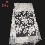 White 3d Embroidered Lace Fabric For Wedding Dress With Elastic Nylon Net for sale