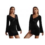 Black Ladies Maxi Dress Velvet Hip Wrap Skirt Flared Sleeves V Neck for sale