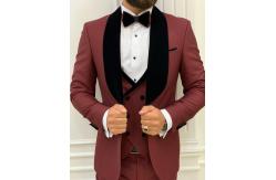 China Lazio Burgundy Mens Tuxedo Suit Slim Fit Velvet Shawl Lapel Tuxedo supplier