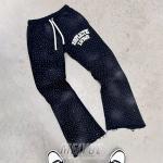 Custom Rhinestone Streetwear Trousers Vintage French Terry Flare Sweat Pants Jogger Acid Washed Sun Faded Flared Sweatpants Men for sale