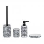 Polyresin Bathroom Accessories Set Round Shape White Color With Black Vintage Pattern Polyresin Soap Dispenser Soap Dish For Bathroom for sale