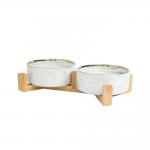 Eco Friendly Marble Ceramic Raised Dog Bowls With Wooden Stand for sale