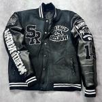 Custom Men Leather Sleeves Chenille Embroidery Black Varsity Jacket Letter Embroidery Patchwork Letterman Varsity Bomber Jacket for sale