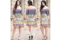 China strapless short printed women dress with pattern design in puff sleeve supplier