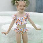 Small Girls' Swimsuit Split White Printed Two Pieces Girl Swimsuit Lace Decoration Swimsuit for sale