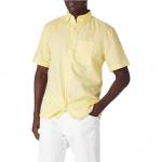 Linen Cotton Mens Breathable Button Up Shirts Light Yellow Short Sleeve Shirt for sale