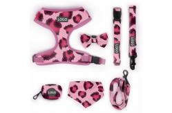 China Polyester Leopard Print Pet Harness Sets Logo Adjustable Collar Leash Mesh Dog Harness supplier