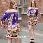strapless short printed women dress with pattern design in puff sleeve