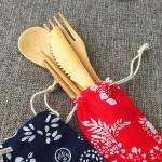 Disposable Portable Organic Bamboo Spoon Fork Chopsticks Set Cloth Bag Packing for sale