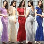 China hot sale polyester short sleeve long women Bodycon evening beaded dress with gold sequin in red blue purple gray beige manufacturer
