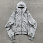 Custom Patch Triple Zip Up Heavy Weight French Terry Faded Acid Wash Hoodie