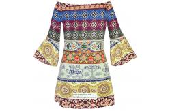 China strapless short printed women dress with pattern design in puff sleeve supplier