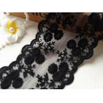 Black Flower Embroidery Tulle Mesh Nylon Lace Trim With Scalloped Edge 4.3'' Width for sale