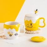 Cartoon Bee Ceramic Coffee Mug With Lid Pottery Office Breakfast Cup Porcelain Latte Cups for sale