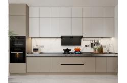 China Off-White Stainless Steel U-Shaped Kitchen Cabinet With Seamlessly Integrated Design supplier
