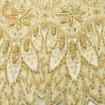 Heavy Sequined Gold Beaded Lace Fabric Soft Handmade 80% Nylon for sale