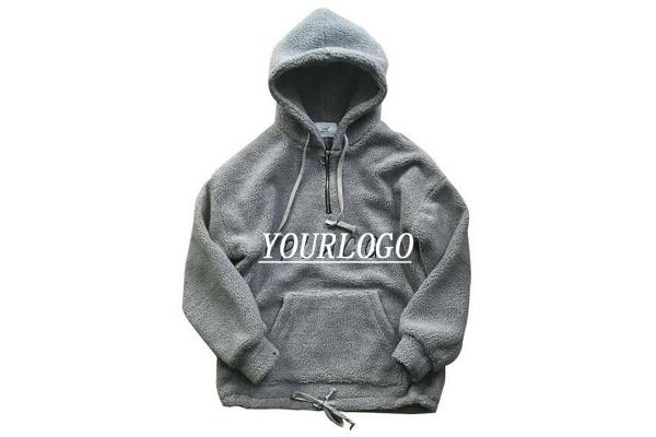 100% Cotton Custom Mens Sherpa Jacket Fleece Half Zip Pullover Kangaroo Pockets