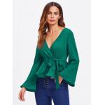 Bell Sleeve Wrap Blouse with Deep V Neck