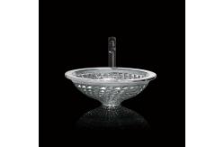 China Silver Funnel Shaped Crystal Wash Basins Chromed Etched Glass Vessel Sinks supplier