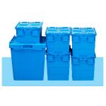 More colors 100% Virgin Polypropylene Stack Nest Containers Attached Lids 600*400 mm Standard Size Steel Wire Assembling for sale