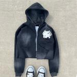 Zip Up Acid Wash Hoodies Distressed Embroidery Applique Custom French Terry Crop Top