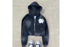 China Zip Up Acid Wash Hoodies Distressed Embroidery Applique Custom French Terry Crop Top supplier