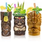 Tiki Mugs Set of 3 Ceramic Hawaiian Party Mugs Drinkware, Tiki Bar Mugs for Cocktails for sale