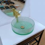 Diamond Shape Crystal Glass Vessel Sinks Table Top Wash Basin Green Bottom for sale