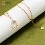 Pearl Enamel Horseshoe Pendant Stainless Steel Paperclip Chain Necklace For Women for sale