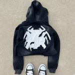 Zip Up Acid Wash Hoodies Distressed Embroidery Applique Custom French Terry Crop Top