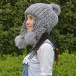 Natural Mink Fur Knit Earflap Winter Sheepskin Hats Hat Pom Pom Striped Style