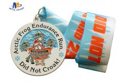 China Frog And Snow Relief Custom Race Medals Spray White With Sublimated Ribbon supplier
