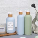 Shampoo Bottle with Bamboo Lid HDPE Plastic Type Soft Touch Empty Body Lotion Container for sale