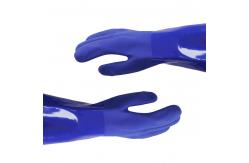 China 35cm Blue PVC Chemical Resistant Gloves With Sandy Finish And Cotton Liner supplier
