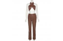 China Brown Two Piece Casual Set Sexy Halter Vest Slim Straight Trousers Suit supplier