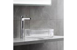 China Modern Crystal Clear Glass Wash Basin Vertical Stripes Diecasting Bathroom Basin Sinks supplier