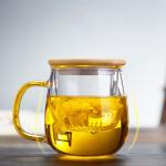 Bamboo Cover Clear Glass Tea Cup With Infuser , Hand Blown Office Tea Maker
