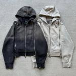 Custom Patch Triple Zip Up Heavy Weight French Terry Faded Acid Wash Hoodie