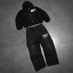 Custom Tracksuit Denim Zipper Hoodie Heavyweight Acid Wash Vintage Track Suits Jean Sweatpants and Jacket Set for Men for sale