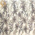 Heavy Handmade Embroidery Grey Beaded Lace Fabric On Polyester Mesh for sale