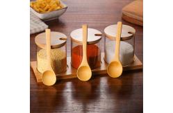 China Glass Condiment Seasoning Containers Bulk Reusable Spice Jars With Wooden Lid Spoon supplier