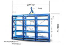 China Storehouse Steel Plate Drawer Injection Mold Racks With Heavy Duty Hoist Crane supplier