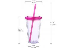China 450ML Transparent Double Wall Plastic Drinking Tumblers Beverage Cup With Straw And Lid supplier
