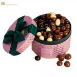 Luxury Pink Cylinder Chocolate Box Rigid Paper Candy Macaron Top Bottom Tube Packaging With Ribbon for sale