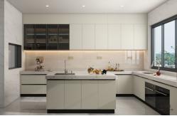 China Off-White Stainless Steel U-Shaped Kitchen Cabinet With Seamlessly Integrated Design supplier
