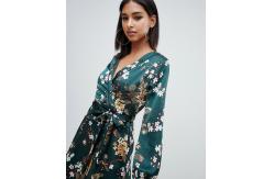 China OEM fashionable green floral satin wrap mini tea dress supplier